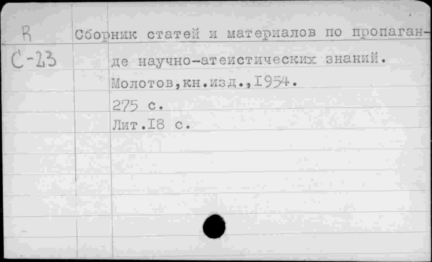 ﻿Сборник статей и материалов по пропаган де научно-атеистических знаний. Молотов,кн.из д., 1954. 275 с» Лит. 18 с. __________